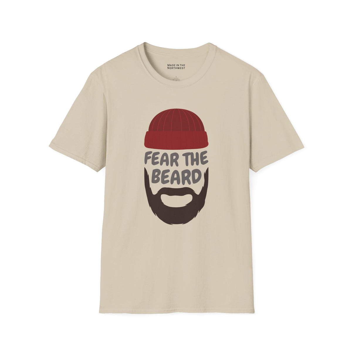 Fear the Beard Lumberjack Softstyle T-Shirt featuring a playful beard graphic on a light beige tee.