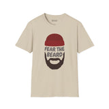Fear the Beard Lumberjack Softstyle T-Shirt featuring a playful beard graphic on a light beige tee.