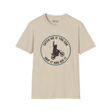 Sasquatch on a motocross bike design on beige softstyle t-shirt, perfect for riders and Bigfoot fans.