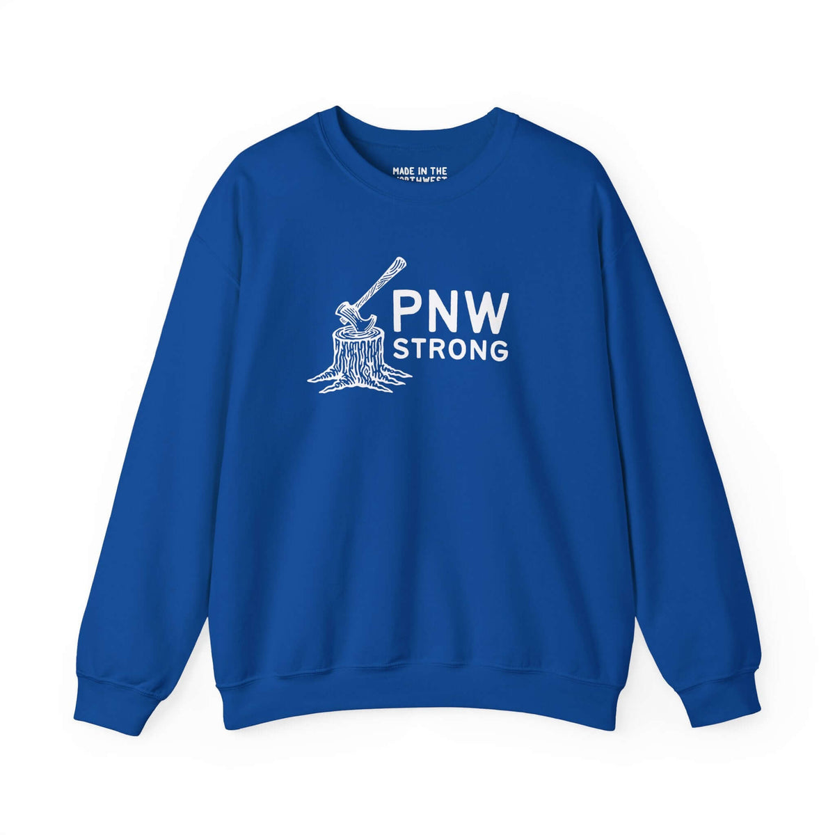 PNW Strong Crewneck Sweatshirt showcasing bold axe-in-stump design on a vibrant blue background.