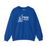 PNW Strong Crewneck Sweatshirt showcasing bold axe-in-stump design on a vibrant blue background.