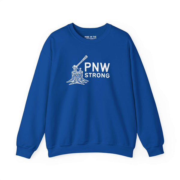 PNW Strong Crewneck Sweatshirt showcasing bold axe-in-stump design on a vibrant blue background.