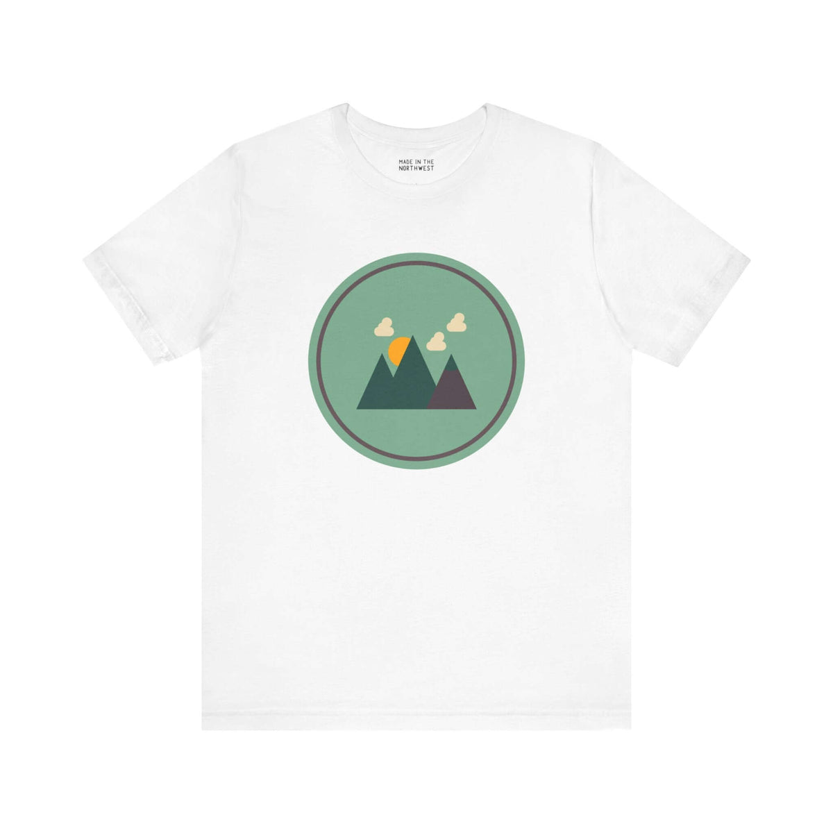 Minimalist forest tee with a Northwest style, featuring a simple mountain and forest silhouette in green, perfect for nature lovers.