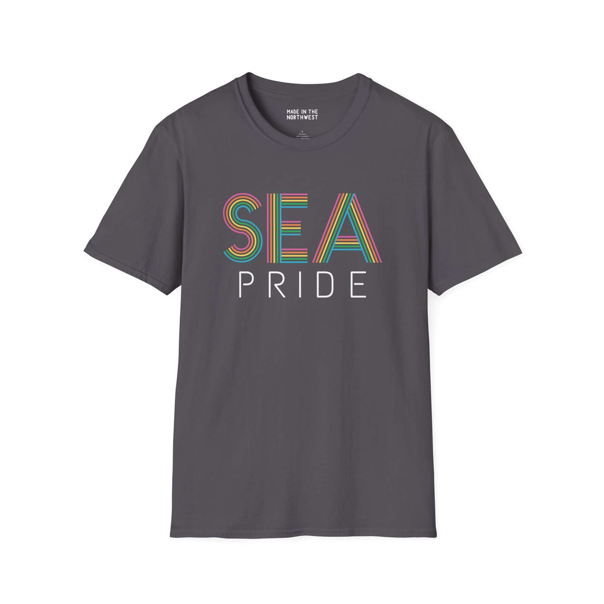 Gray t-shirt featuring SEA Pride rainbow city lettering, celebrating Seattle's vibrant identity and community.