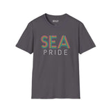 Gray t-shirt featuring SEA Pride rainbow city lettering, celebrating Seattle's vibrant identity and community.