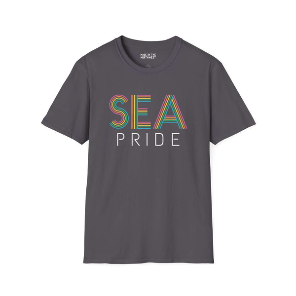 Gray t-shirt featuring SEA Pride rainbow city lettering, celebrating Seattle's vibrant identity and community.