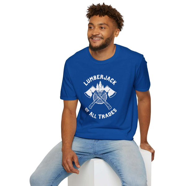 Man wearing blue Lumberjack of All Trades softstyle t-shirt with axe and mountain graphic design.