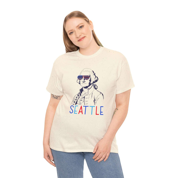 Woman wearing the Stars, Stripes, & George Seattle Athletic Tee with George Washington design celebrating Independence Day.