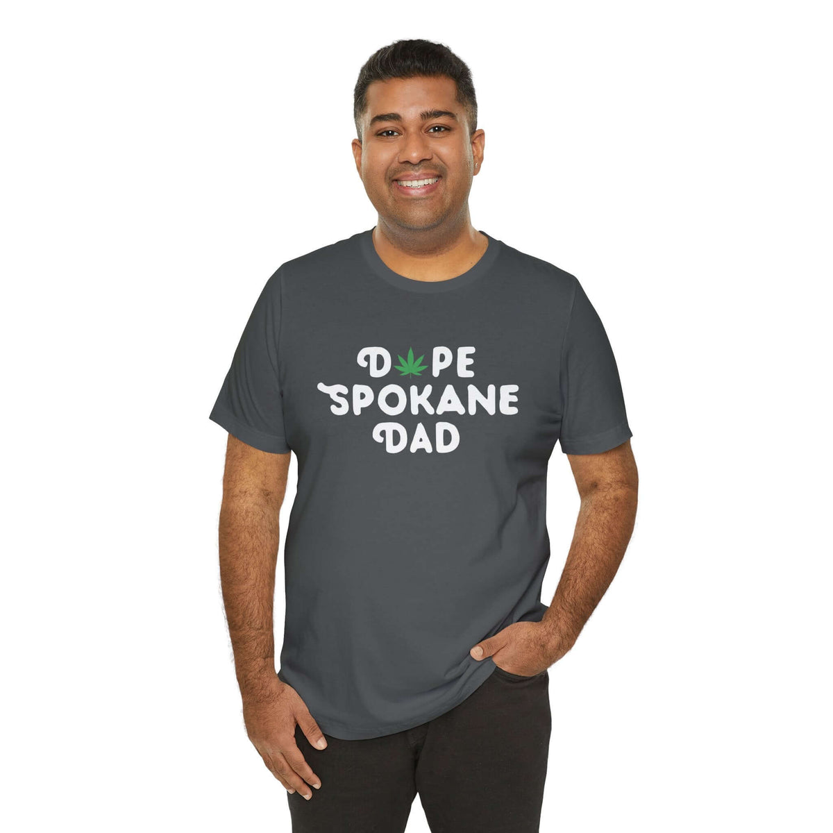 Man wearing "Dope Spokane Dad" tee with marijuana leaf detail, showcasing the Lilac City style and Washington state pride.