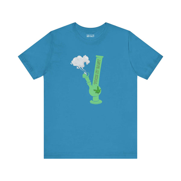 Toke It Easy cannabis lovers premium soft tee featuring a green bong graphic on a blue shirt.