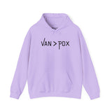 Vancouver over Portland cozy hoodie in lavender with Van > PDX graphic design.