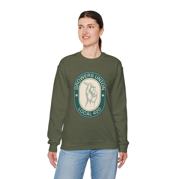 Grower's Union Local 420 cozy sweatshirt featuring a hand holding a joint, perfect for 420 culture enthusiasts.