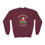 Maroon kids' sweatshirt featuring a colorful gnome and the phrase 'Though I Be Little, I Am Fierce'.