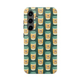 East Meets Roast phone case featuring a patterned design of to-go coffee cups on a green background.