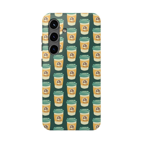 East Meets Roast phone case featuring a patterned design of to-go coffee cups on a green background.