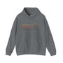 Tacoma Minimalist Mountain Hoodie in gray with stacked mountain graphic representing Tacoma's natural beauty.