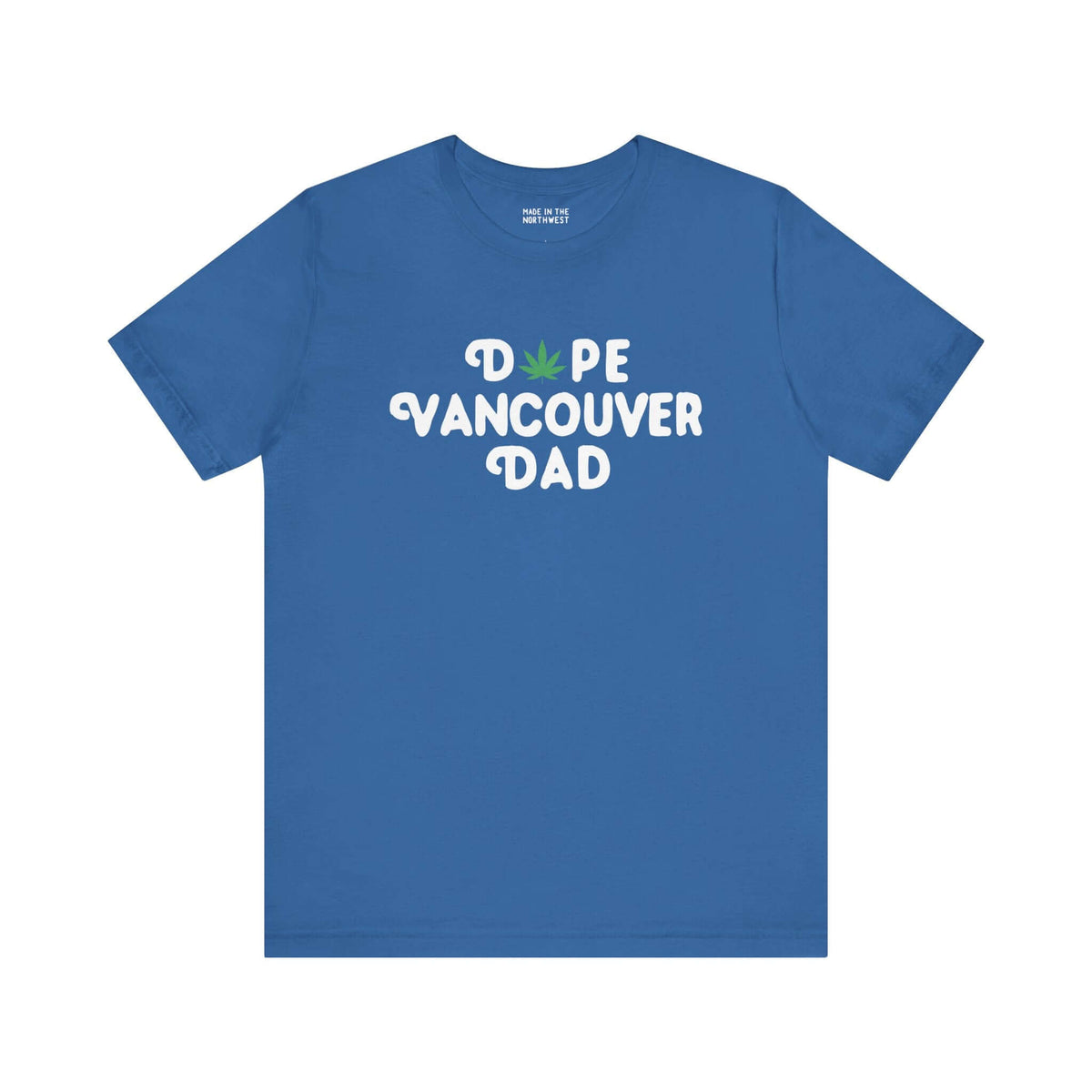 Dope Vancouver Dad soft tee in blue with playful marijuana leaf graphic, perfect for stylish local dads.