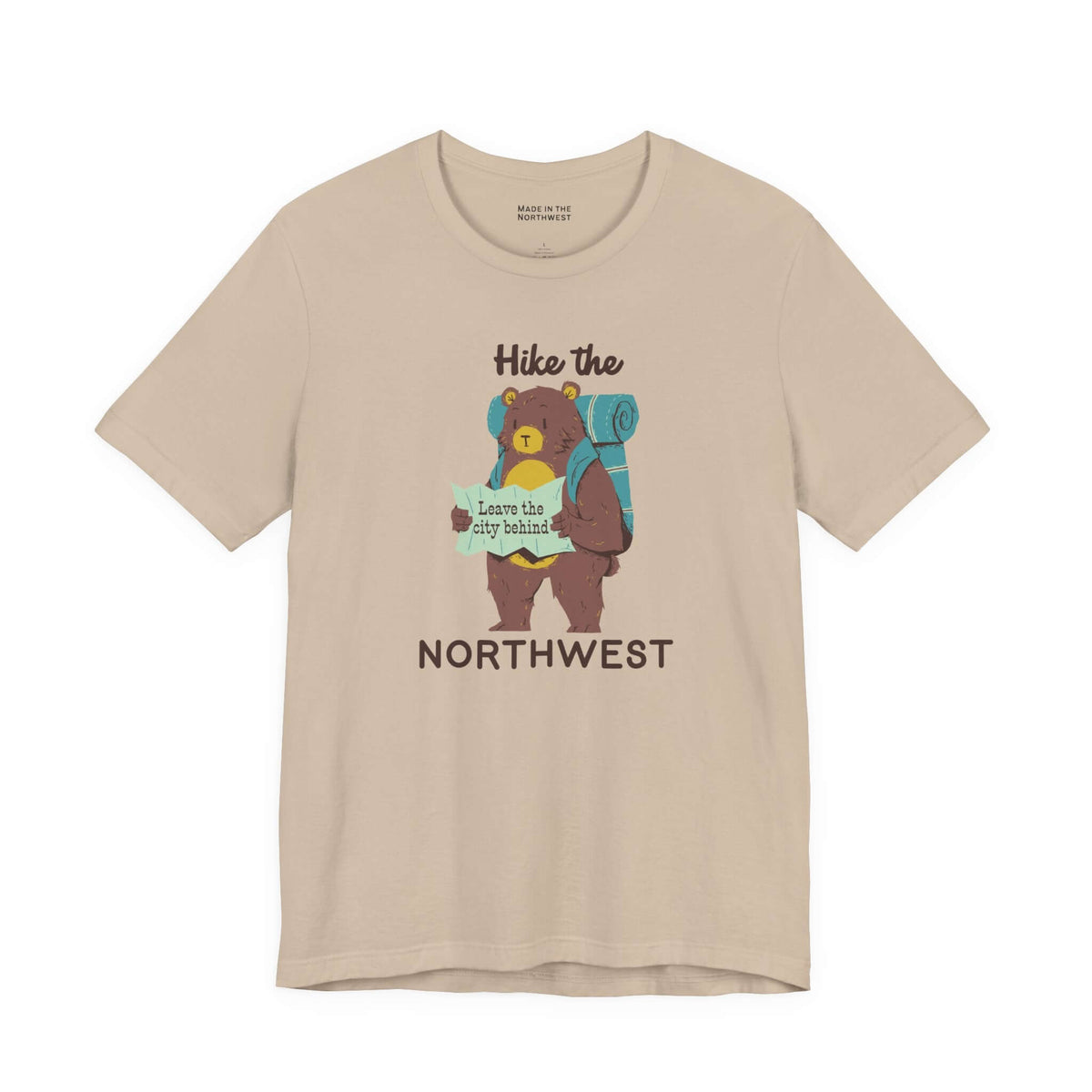 Hike the Northwest T Shirt featuring a playful bear with backpack and map, perfect for outdoor adventures.