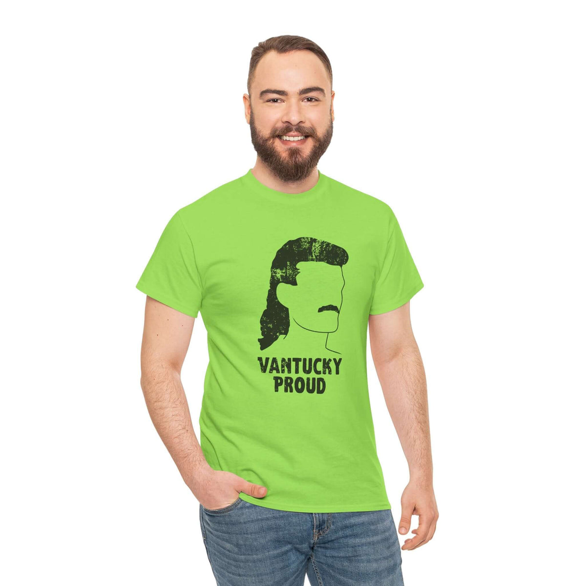 Man wearing bright green Vantucky Proud tee featuring a fun graphic and Billy Ray's iconic hairstyle.