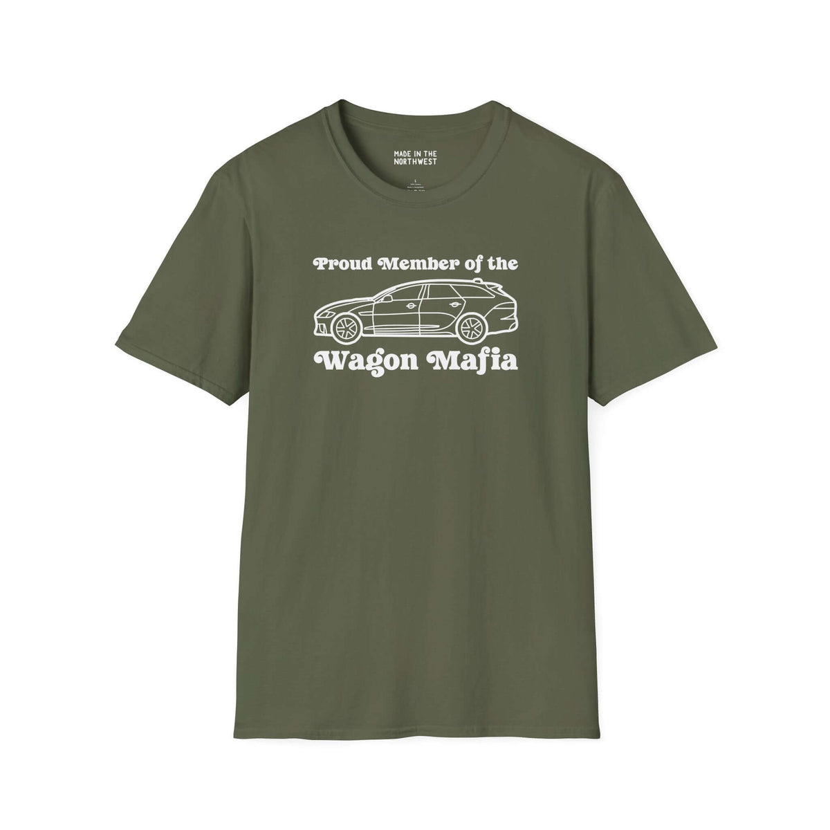 Proud Member of the Wagon Mafia softstyle t-shirt in olive green, featuring a classic wagon design.