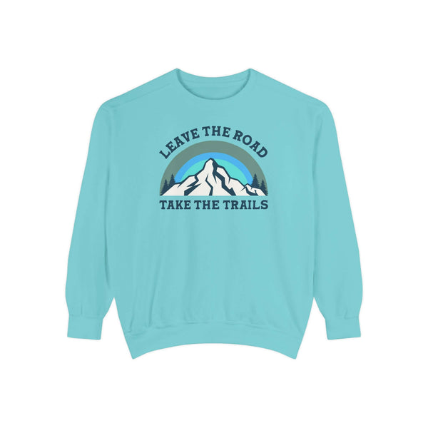 Leave the Road Take the Trails Sweatshirt in blue with mountain design and inspirational hiking phrase.