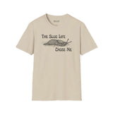 The Slug Life Chose Me T Shirt featuring a hand-drawn slug illustration and vintage-style text on a beige cotton tee.
