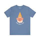 Blue tee featuring a playful gnome face with 'How About Gno' text, perfect for gnome lovers.