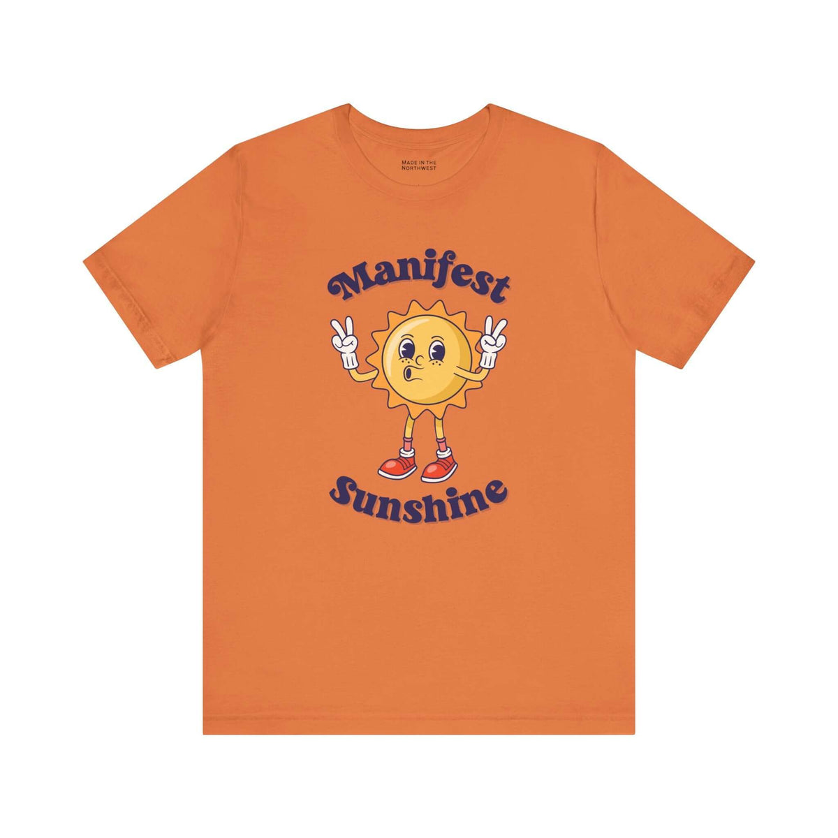 Manifest Sunshine T Shirt featuring a cheerful cartoon sun with peace signs, perfect for positive vibes every day.