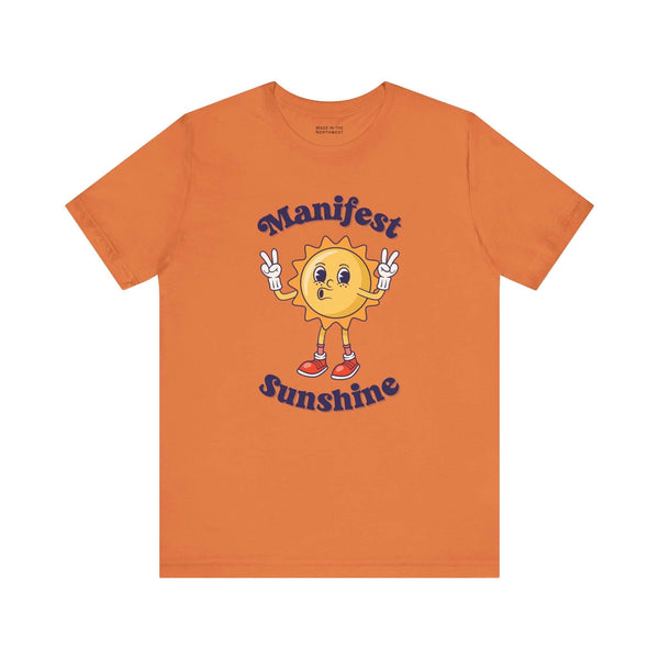 Manifest Sunshine T Shirt featuring a cheerful cartoon sun with peace signs, perfect for positive vibes every day.