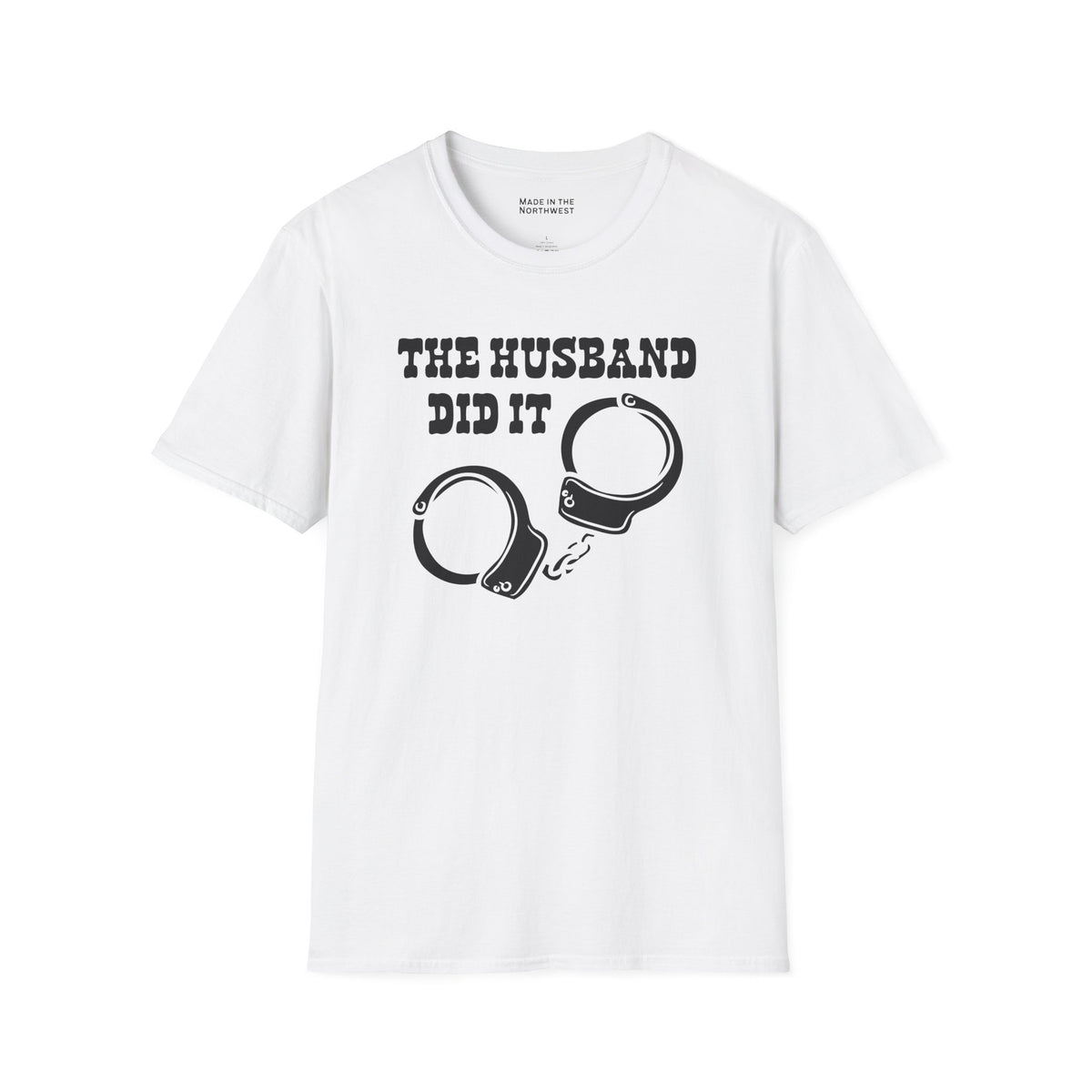 The Husband Did It T Shirt featuring handcuff graphic for true crime enthusiasts.