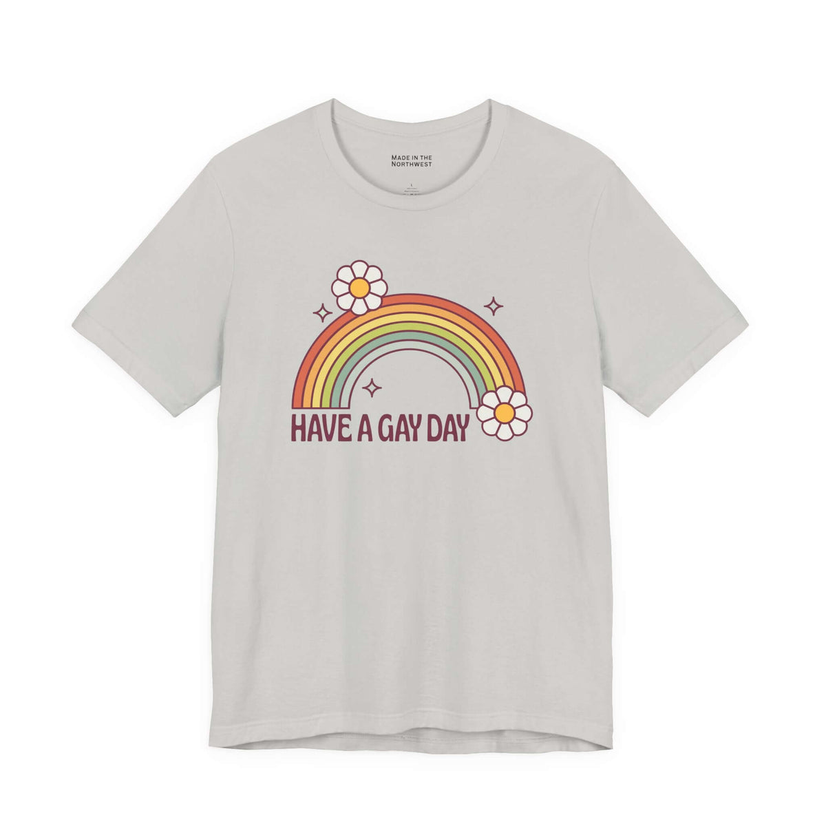 Have a Gay Day T Shirt featuring a colorful rainbow and daisies on a light background.