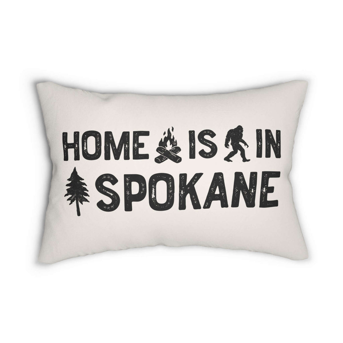 Home is in Spokane Lumbar Accent Pillow featuring bold text, sasquatch, and tree design.