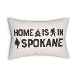 Home is in Spokane Lumbar Accent Pillow featuring bold text, sasquatch, and tree design.