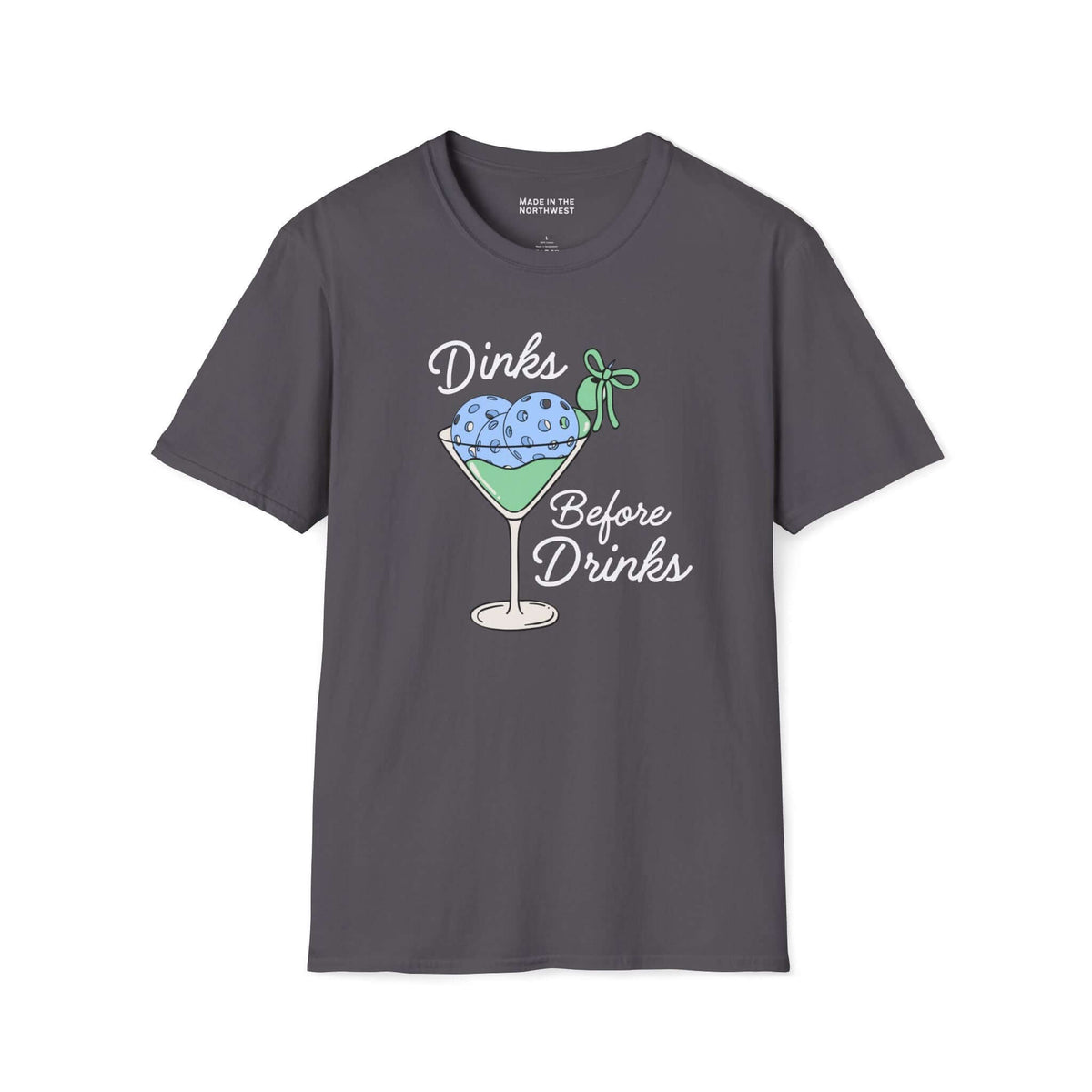 Dinks Before Drinks T Shirt featuring a martini glass illustration with pickleballs and playful text.