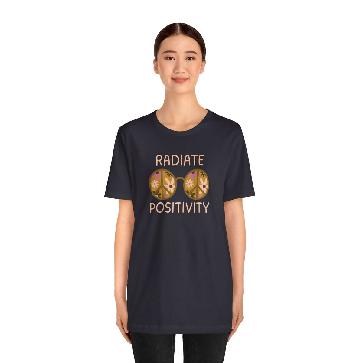 Unisex Radiate Positivity Premium Soft Tee featuring floral glasses design, perfect for spreading kindness and good vibes.