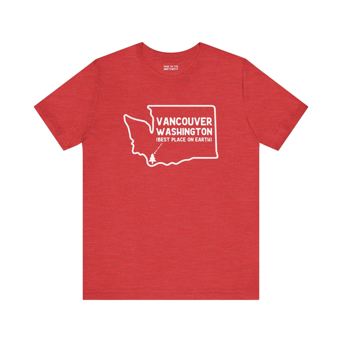 Red Vancouver Washington Tee with state outline and tree icon, celebrating Pacific Northwest pride and hometown love.