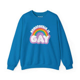 Blue sweatshirt with 'Homophobia is Gay' text and rainbow cloud design, celebrating pride and boldness.