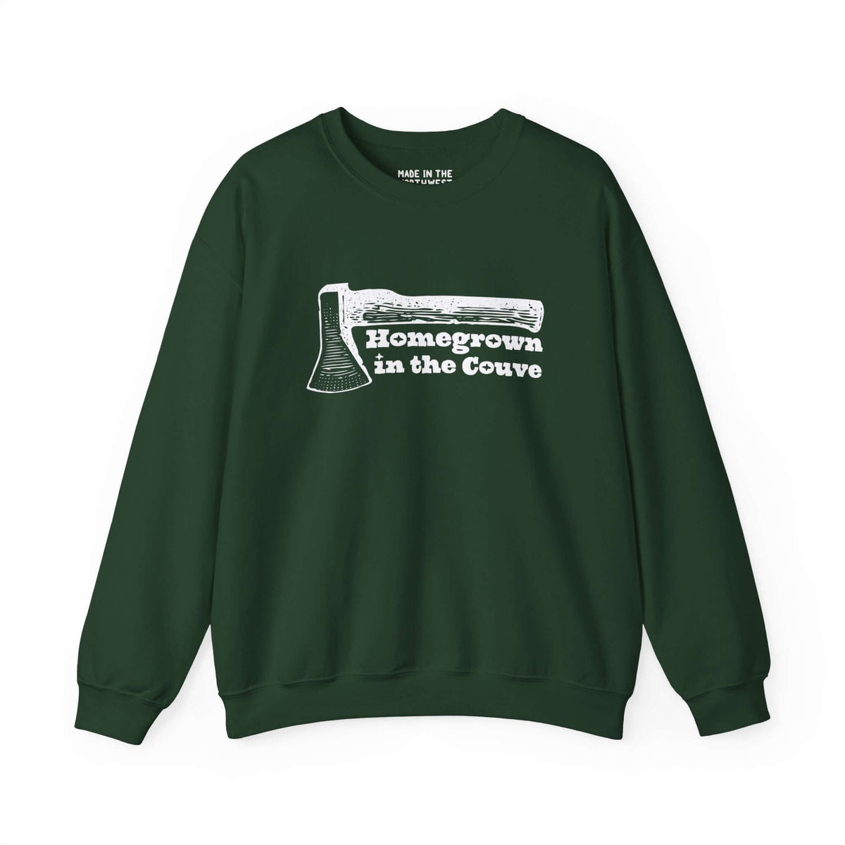 Green "Homegrown in the Couve" sweatshirt with illustrated axe design, showcasing Vancouver pride and craftsmanship.