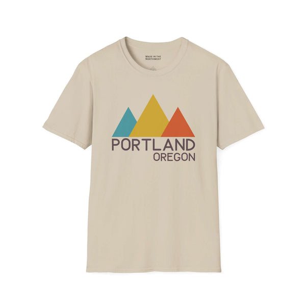 Modern Peaks Portland T Shirt featuring colorful mountains and the text Portland Oregon.