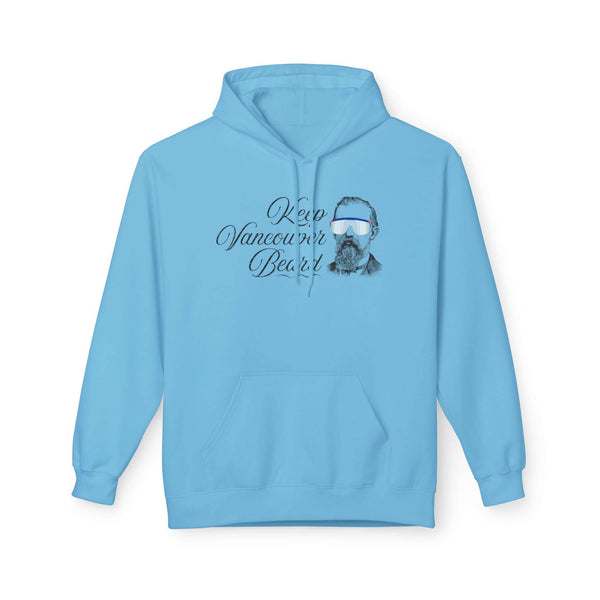 Keep Vancouver Beard Hoodie in light blue featuring a vintage bearded icon and stylish lettering.