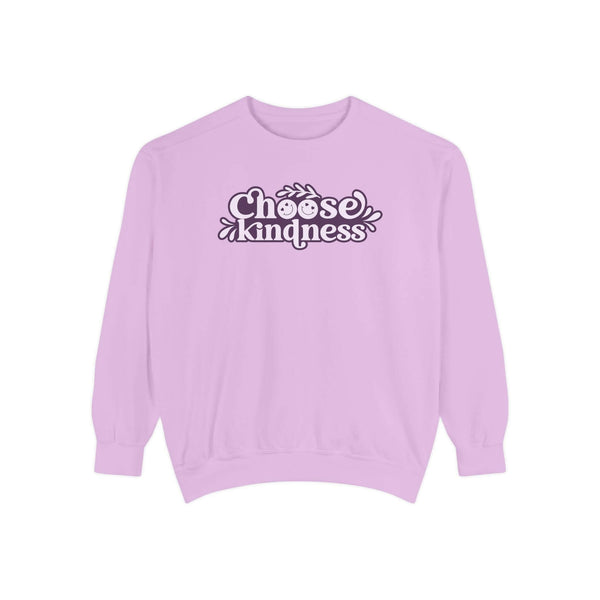 choose kindness sweatshirt in light purple with vibrant artwork on the chest, promoting a message of kindness.