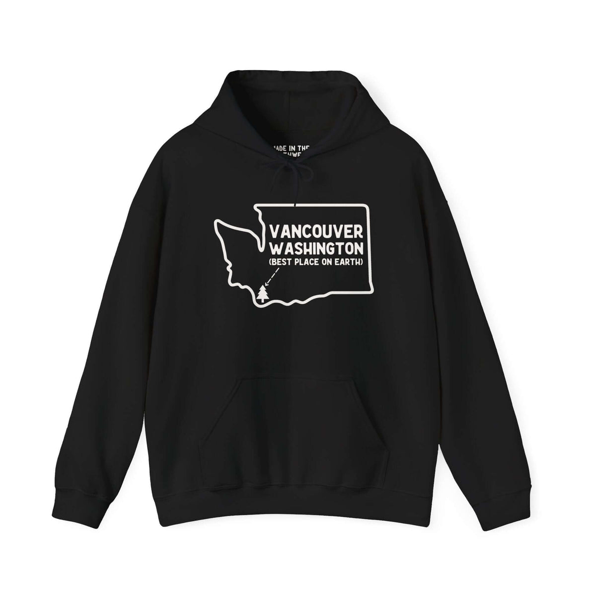 Vancouver Washington hoodie with graphic map, best place on earth slogan, black color, showcasing local pride and PNW love.