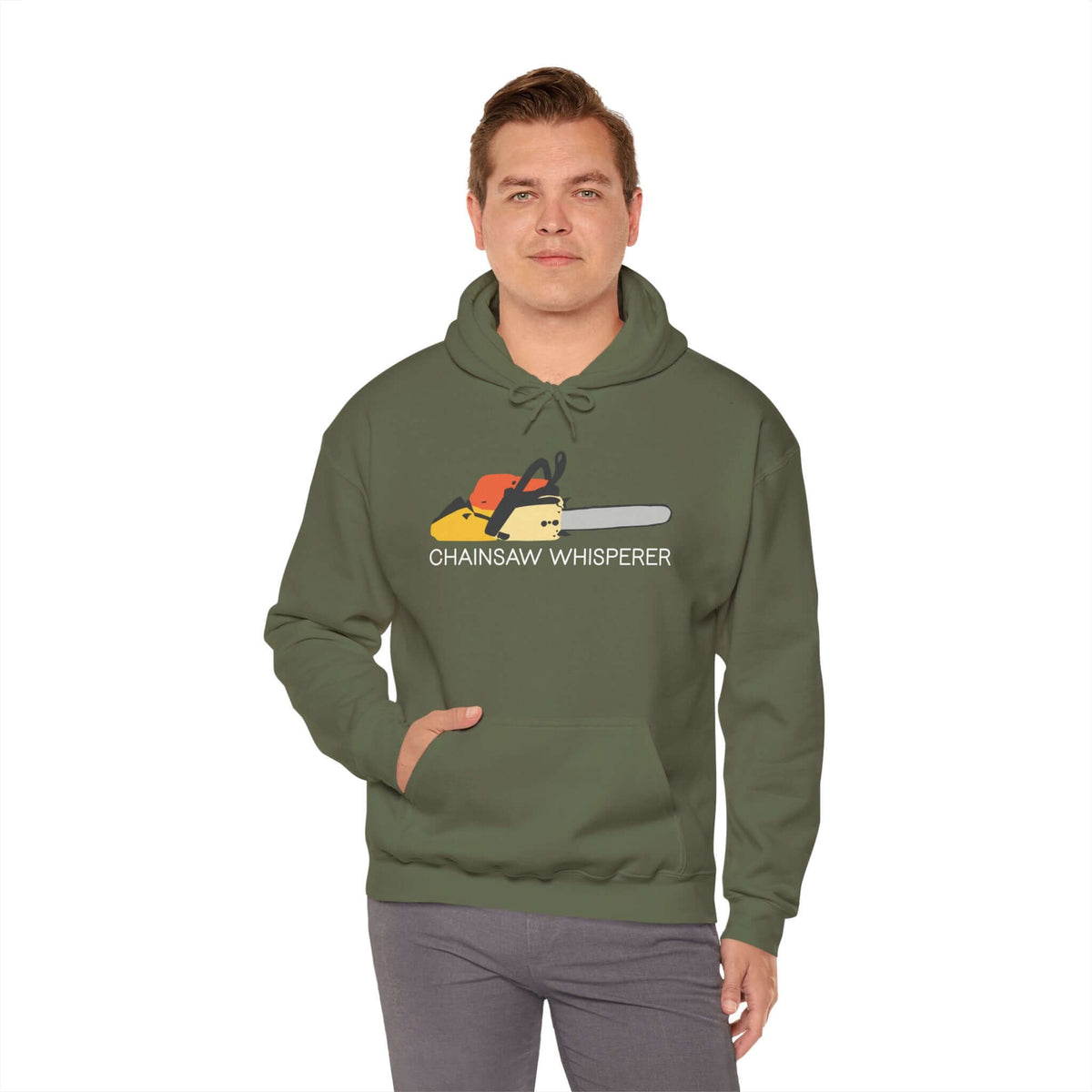 Man wearing a Chainsaw Whisperer Hoodie featuring a chainsaw graphic.