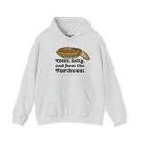 Gray hoodie featuring a geoduck graphic and the phrase 'Thick, salty, and from the Northwest'.