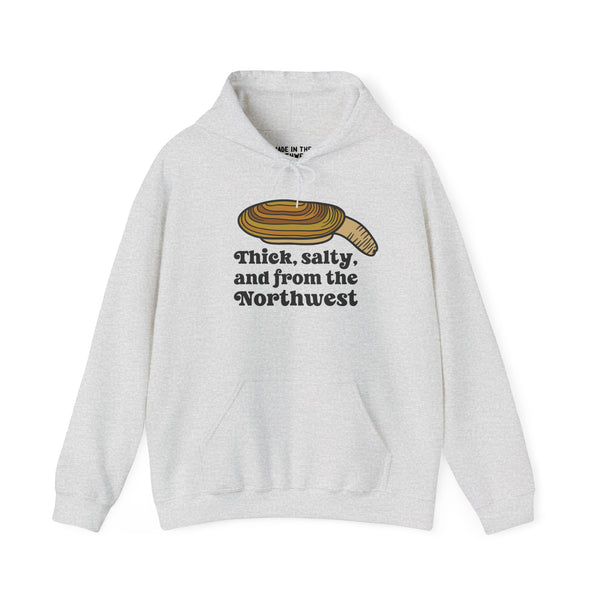 Gray hoodie featuring a geoduck graphic and the phrase 'Thick, salty, and from the Northwest'.