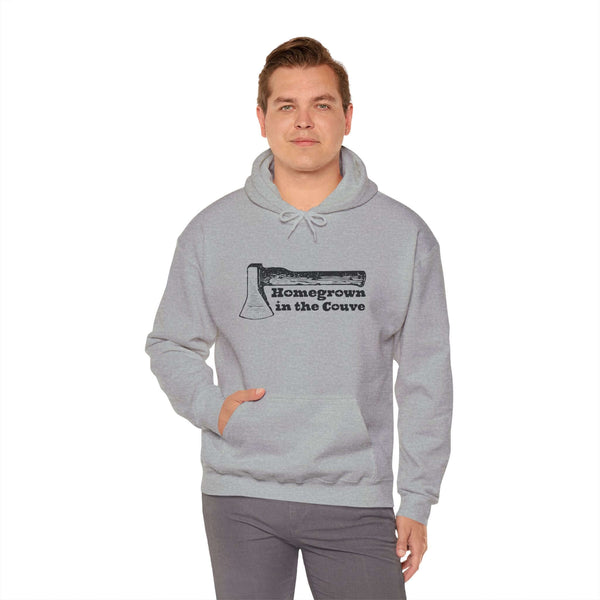 Man wearing Homegrown in the Couve hoodie with axe graphic design, ideal for Pacific Northwest pride and style.