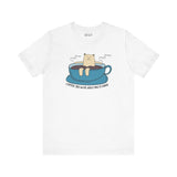 White tee with cartoon bear in a coffee cup and text 'Coffee: Because Adulting is Hard'.