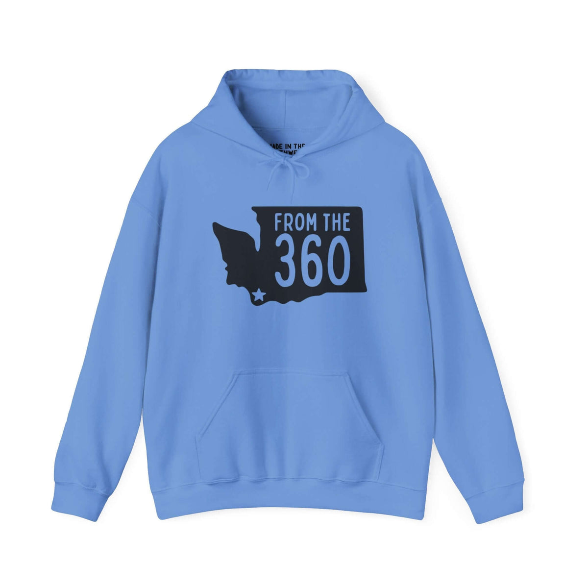 Blue "From the 360" hoodie featuring Washington state silhouette and Vancouver star, showcasing local pride and area code.