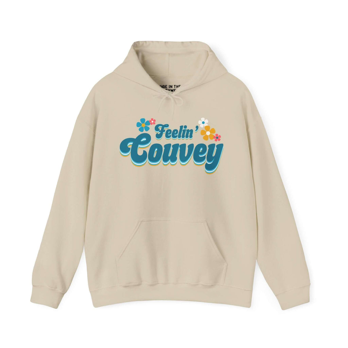 Feelin' Couvey Retro Hoodie with aqua and pink floral 70s font, inspired by Vancouver, WA nickname "The Couve" for a nostalgic style.