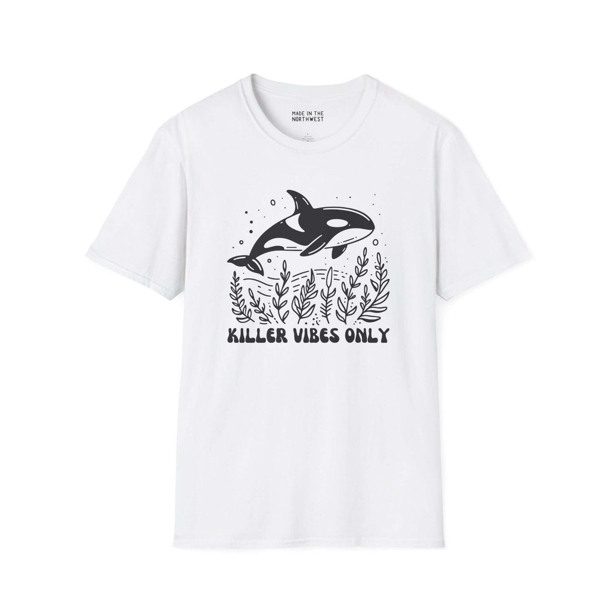 Killer Vibes Only Orca Whale Softstyle T-Shirt with bold graphic on a white background.